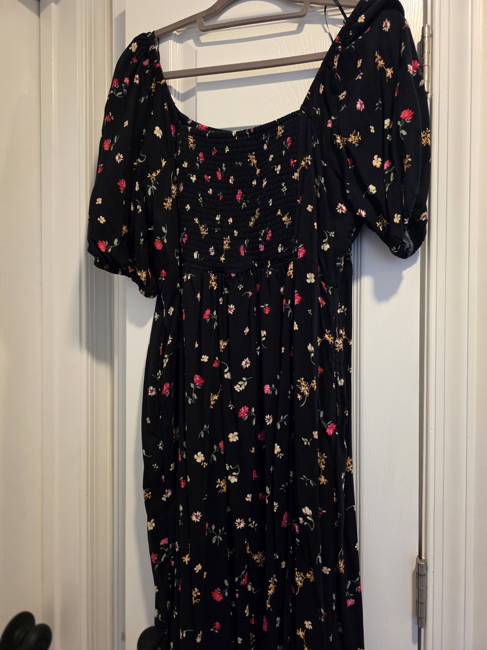 Black Floral Smocked Midi Dress